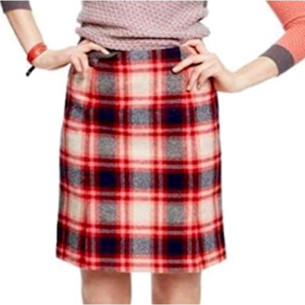 Boden 100% wool plaid tartan mini pencil skirt size 10R navy beige red pink EUC
